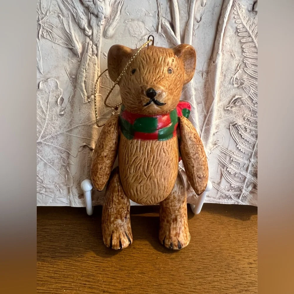 Vintage Brown Ceramic Teddy Bear Articulated Moveable Joints Christmas Ornament